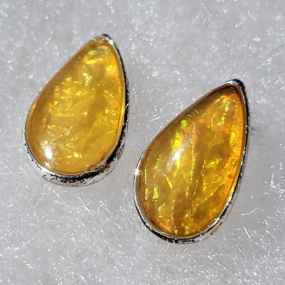 Vintage Yellow Faux Resin Teardrop Stud Earrings 925 Sterling Silver Small